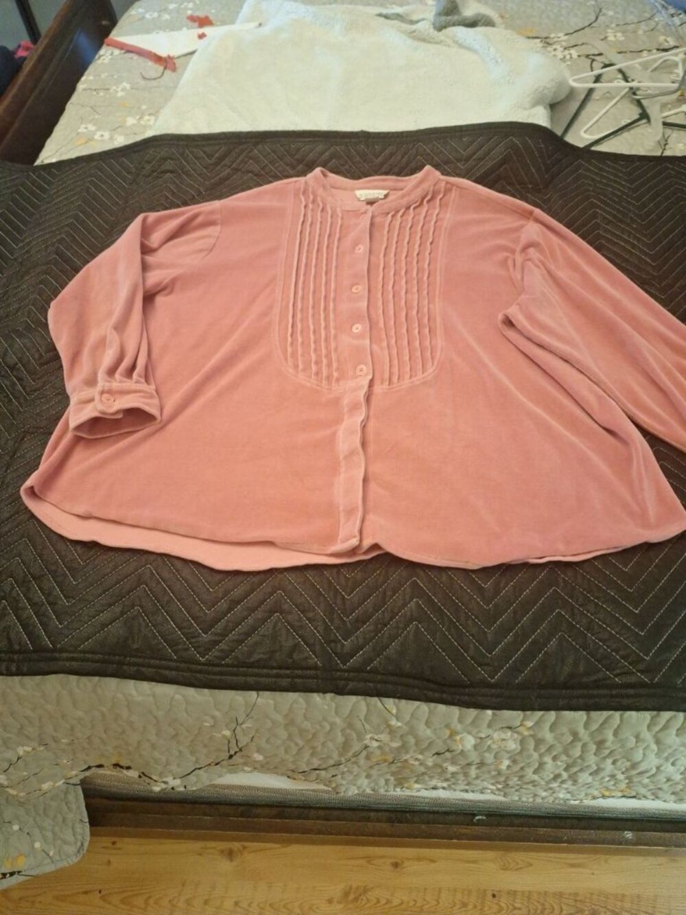 Vintage Pink Velour Pintuck Pleat Button-Down Top size 3X